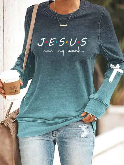 Women's Jesus Has My Back Print Casual Sweatshirt