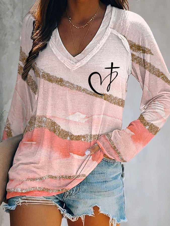 Women's Faith Jesus has my back print V-neck T-shirt