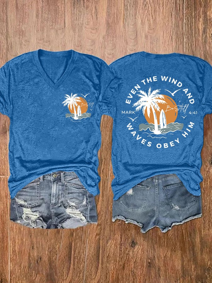 Women's Casual Western Christian Faith Bible Verse Double-Sided Printed V-Neck Short Sleeve T-Shirt