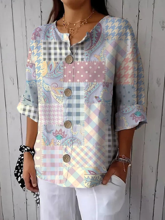 Women's Retro Botanical Floral Patchwork Art Print Button Design Casual Shirt