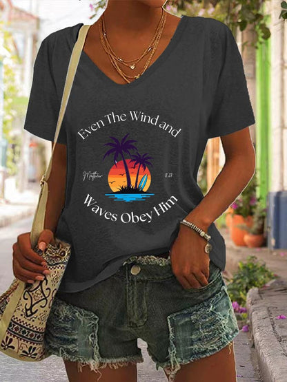 Women's Casual Christian Faith Bible Verse Palm Tree Print V-Neck Short Sleeve T-Shirt