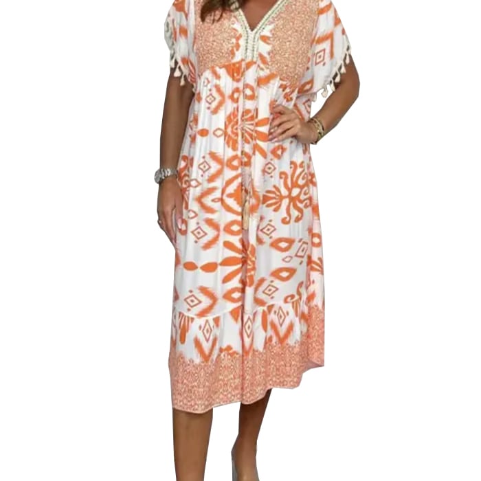 Printed Casual Dress With V-Neckline and Fringes on the Short Sleeves