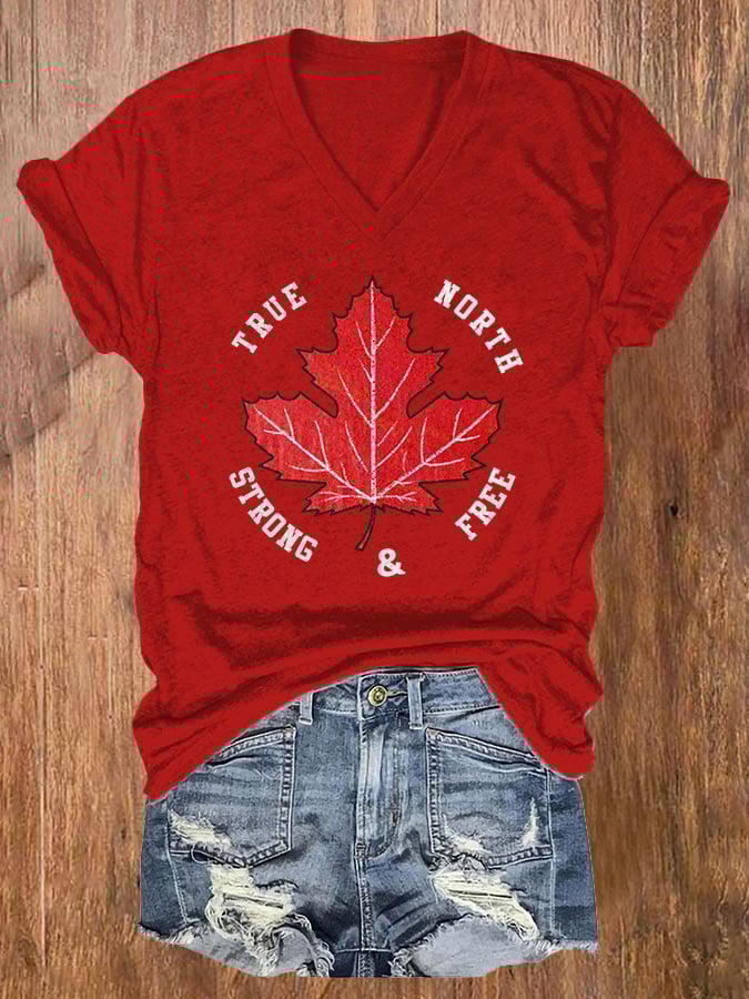 Women's Canada True North Strong & Free Print V-Neck T-Shirt