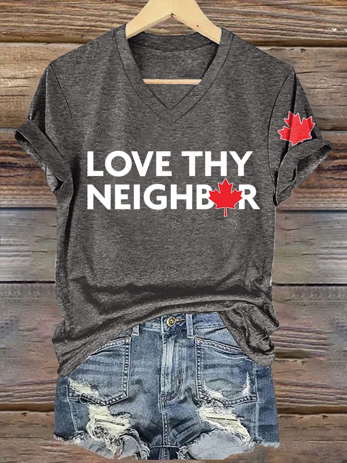 V-Neck Retro Love Thy Neighbor Canada Print T-Shirt