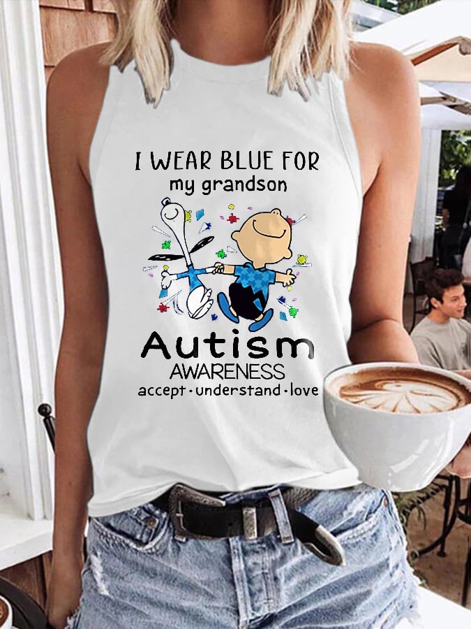 Autism Awareness I Wear Blue For My Grandson Print Tank Top