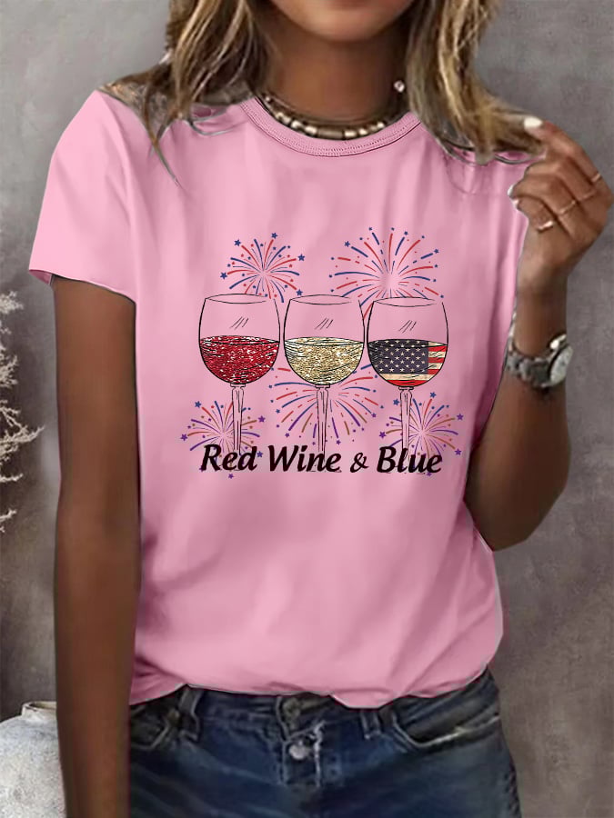 🔥Last Day 49% Off🔥Women's Red Wine And Blue Print Casual T-Shirt