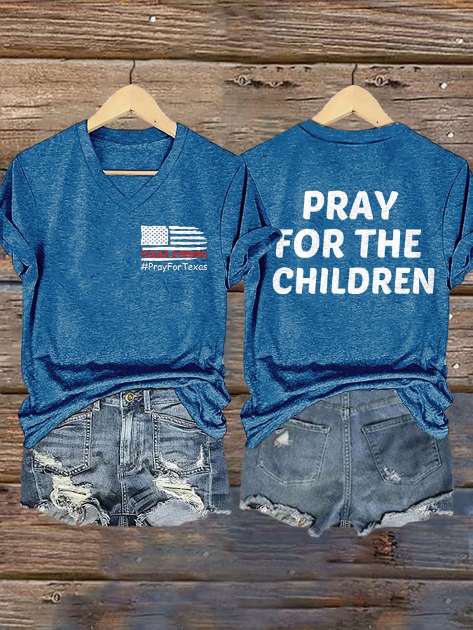 V-Neck Retro Texas Strong Pray For Texas Pray For The Children Print T-Shirt