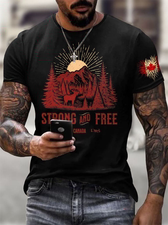 Men's Retro Strong And Free Canada Print T Shirt