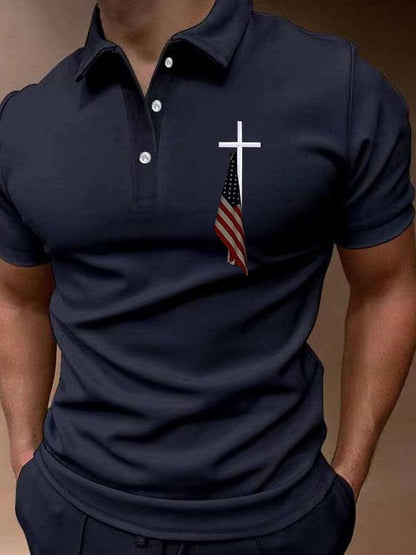 Men'S Flag Cross Print Polo Shirt