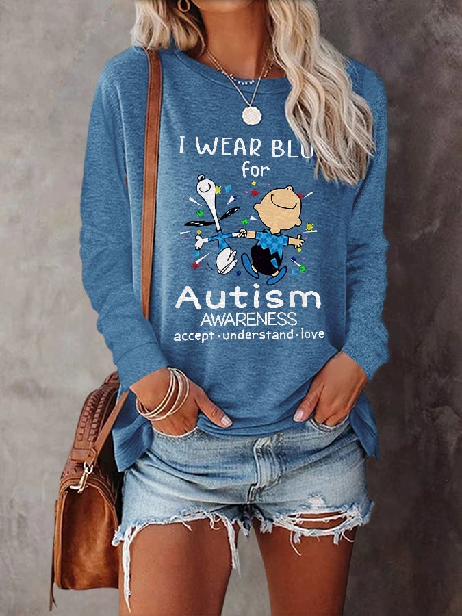 Autism Awareness I Wear Blue For Autism Long Sleeve Print T-Shirt