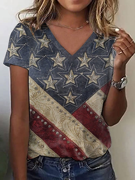 🔥Last Day 49% Off🔥Women's Independence Day American Flag Patchwork Print V-Neck T-Shirt