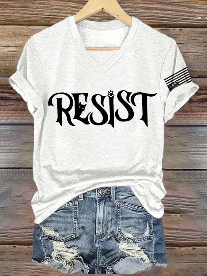 V-Neck Retro Resist Cat Paw Print T-Shirt