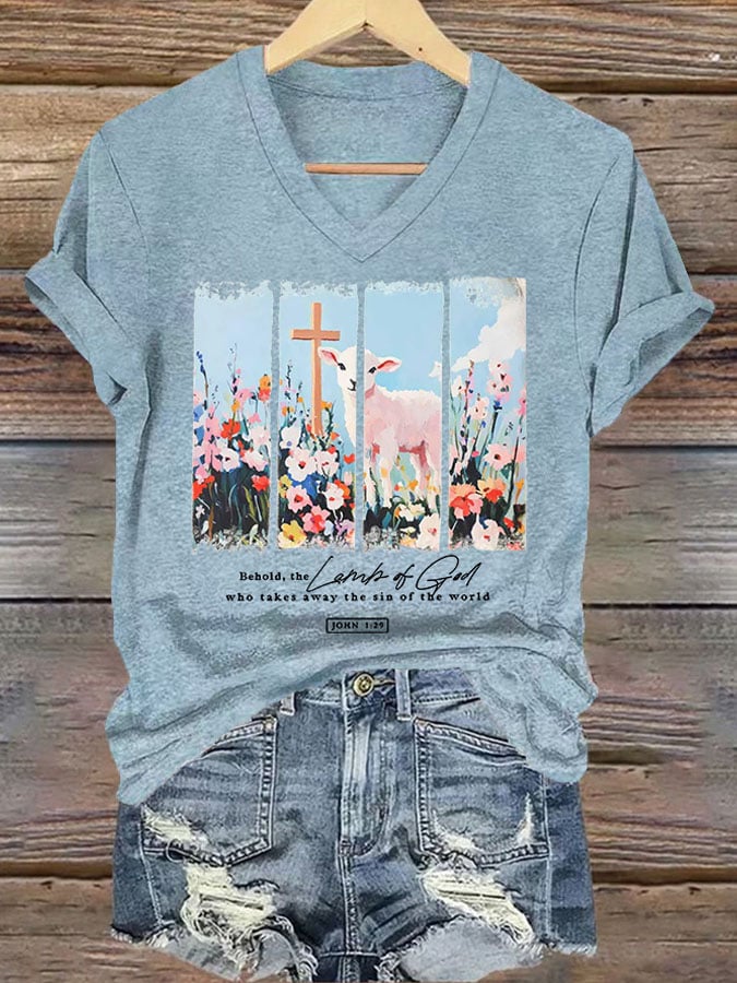 Women'S Casual Lamb of God Sublimation Bible Verse Print Short Sleeve T-Shirt