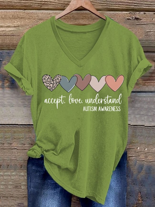 Women's Accept. Love Understand Autism Awareness Printed Short-Sleeved T-Shirt