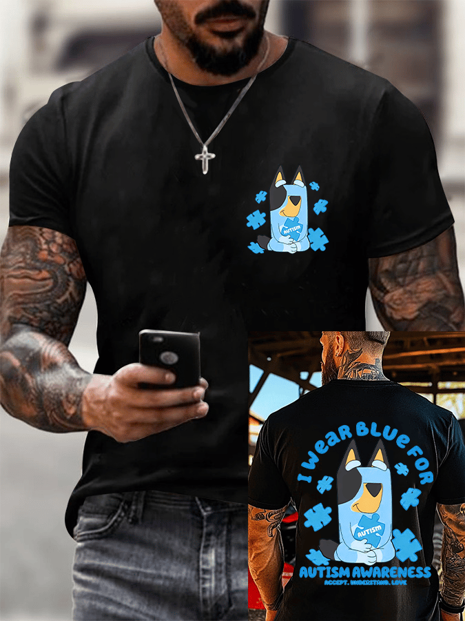 Men's Retro Autism Awareness I Wear Blue For Autism Printed Round Neck T-Shirt