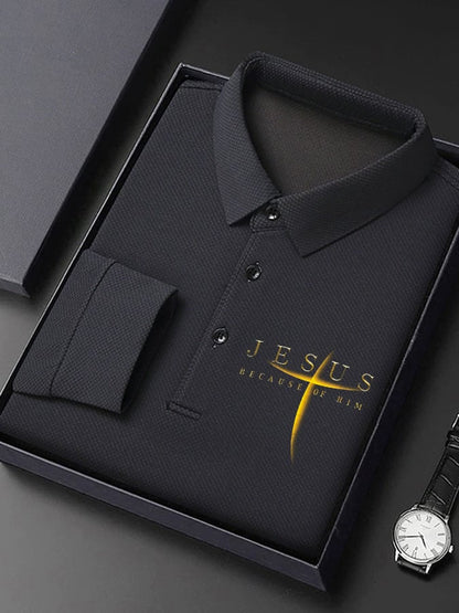 Men's Vintage Faith “Jesus Because Of Him” Long Sleeves Polo Shirt