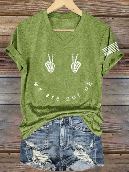 V-Neck Retro Skeleton Hand We Are Not Ok Print T-Shirt