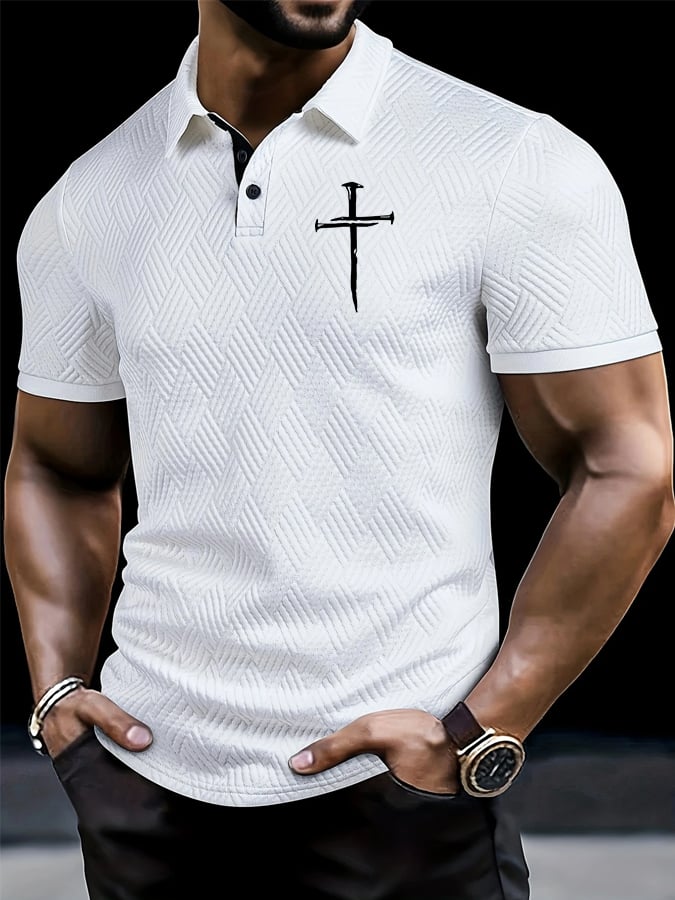 Men's Textured Jacquard Fabric Patchwork Contrast Color Cuff Rib Polo Shirt