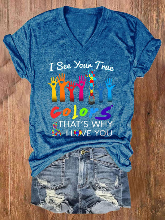 V-neck Autism Awareness I See Your True Colors Hands Print T-Shirt
