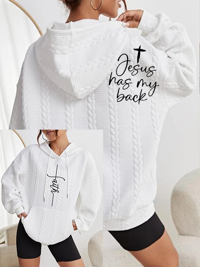 Women's Faith Jesus Has My Back Printed Casual Cable Hoodie