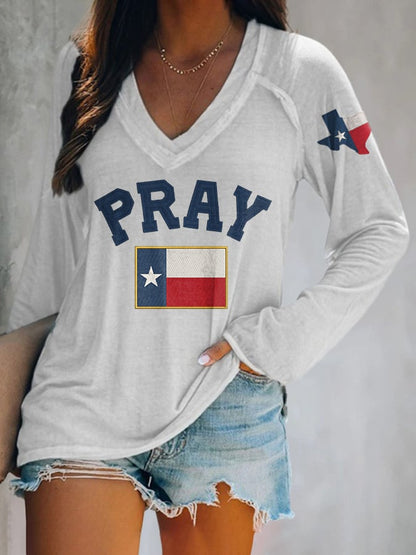 V-neck Retro Pray For Texas Texas Strong Print T-Shirt