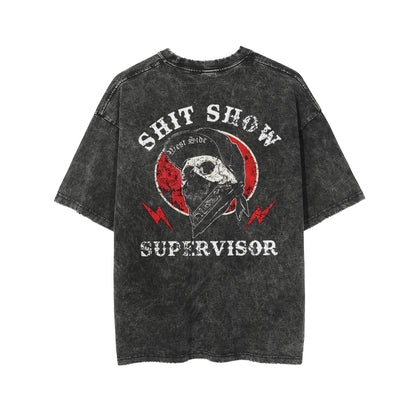 SHIT SHOW SUPERVISOR Skull White Print Washed T-shirt