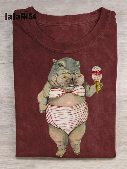 Funny Hippo Art Pattern Print Casual T-shirt