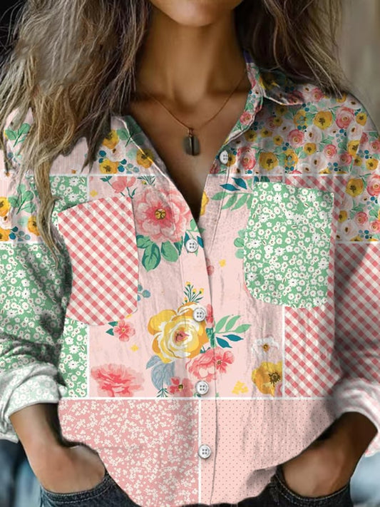 Women's Vintage Botanical Floral Art Print Lapel Shirt