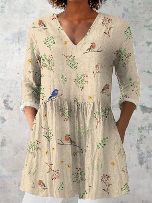 Women's Casual Art Spring Bird Print Shirt