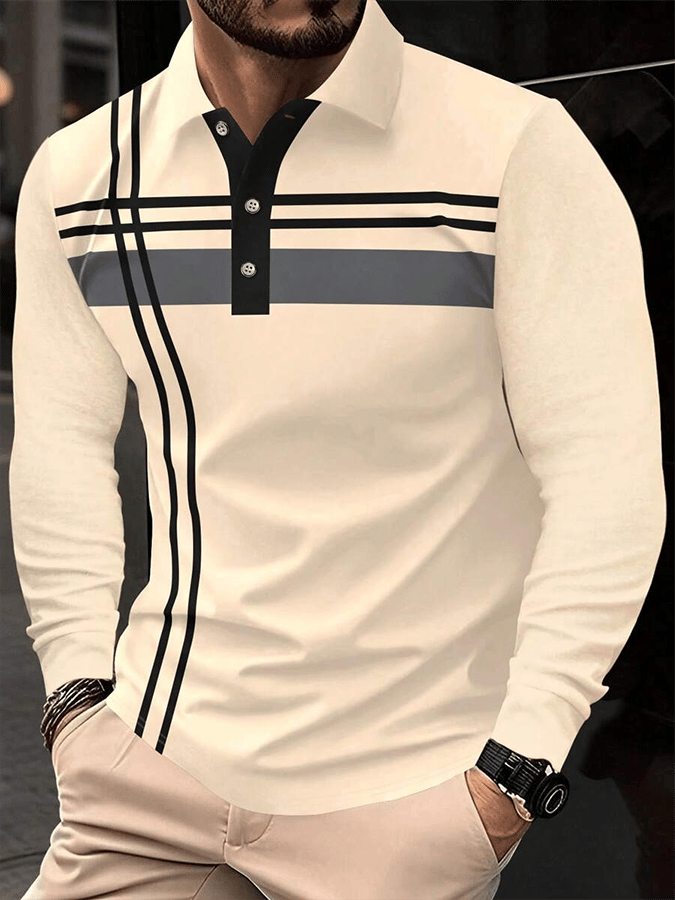 Men's Striped Business Casual Long Sleeve Polo Shirt