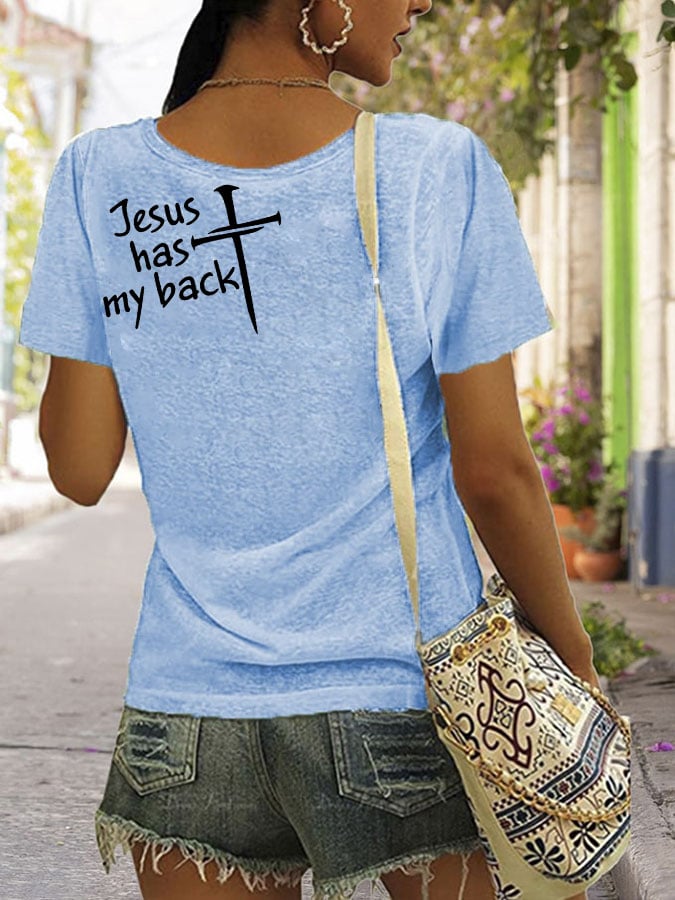 Womens Jesus has my back V-neck T-shirt