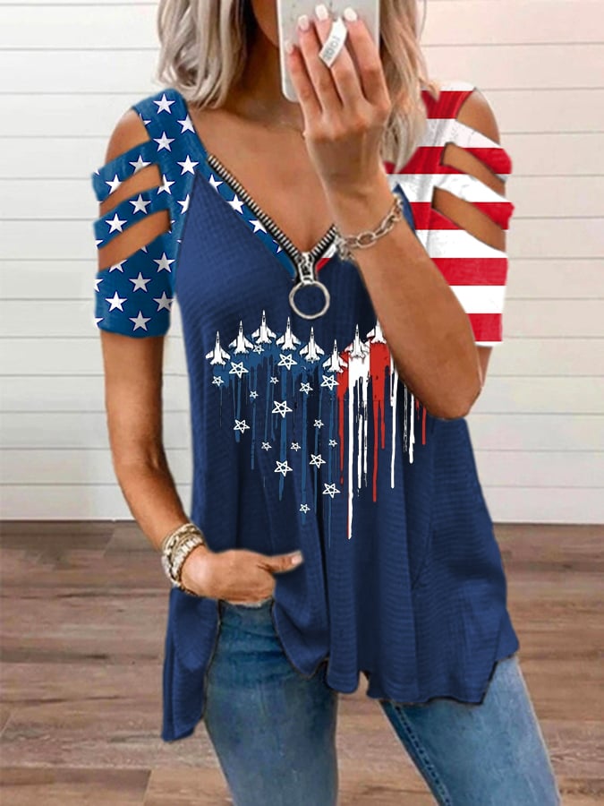 🔥Last Day 49% Off🔥Women's Flag Printed V-Neck Zipper Casual T-Shirt