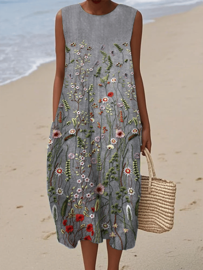 Women's Vintage Botanical Floral Print With Pockets Dress