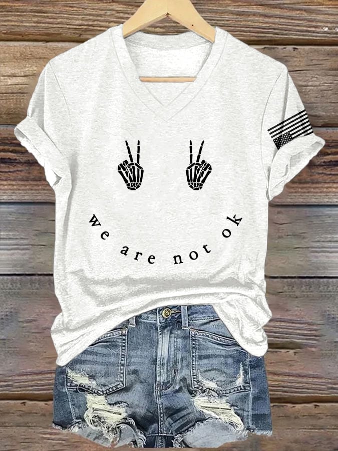 V-Neck Retro Skeleton Hand We Are Not Ok Print T-Shirt