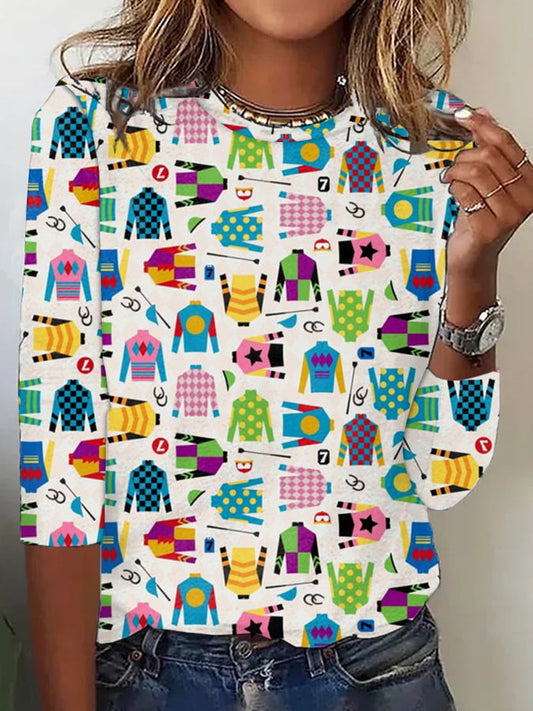 Women's Retro Kentucky Derby Print Crew Neck T-Shirt
