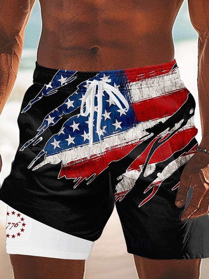 Men's Independence Day Printed Double Layer Design Shorts (With Pockets)