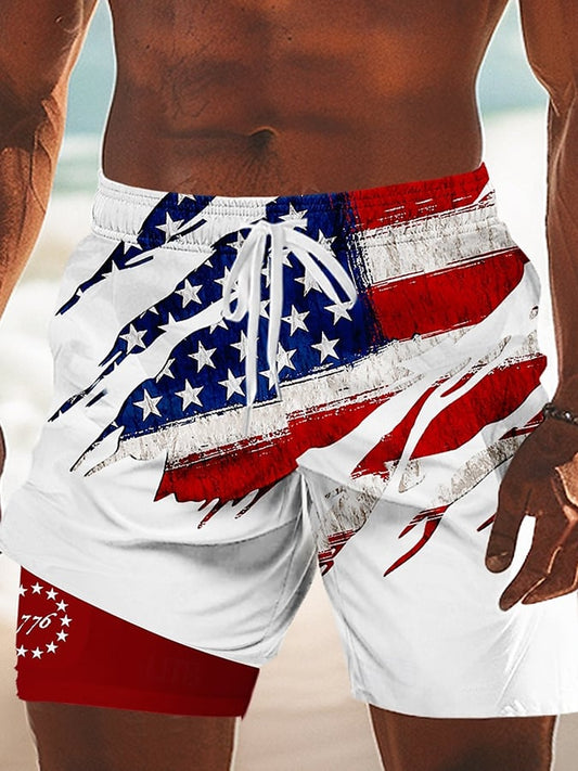 Men's Independence Day Printed Double Layer Design Shorts (With Pockets)