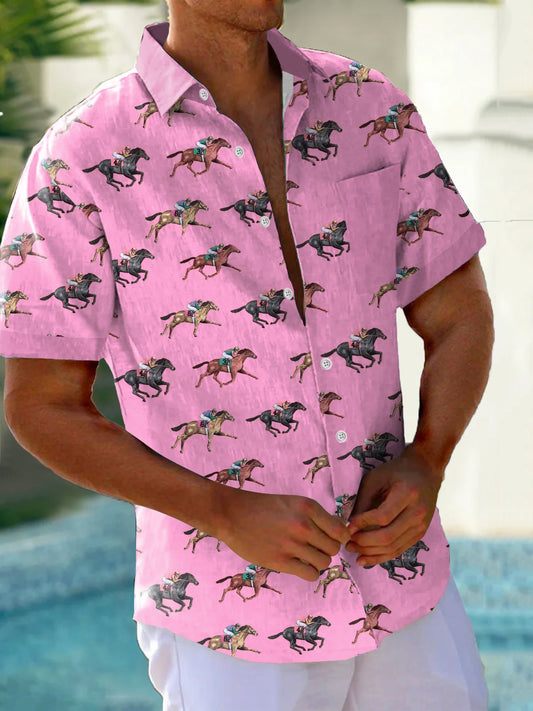 Men'S Retro Kentucky Derby Printed Short Sleeve Shirt