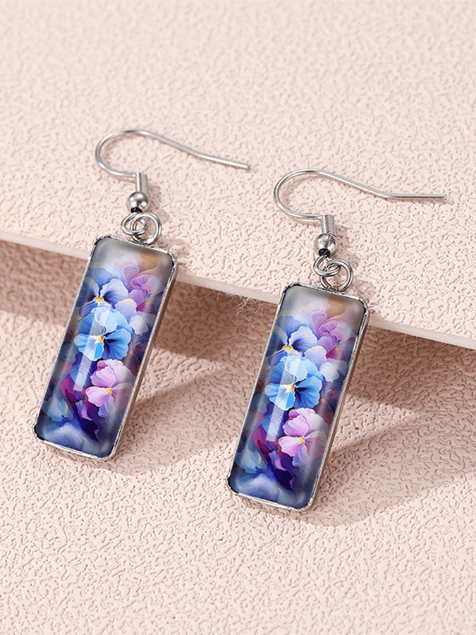 Purple Square Pansy Design Earrings