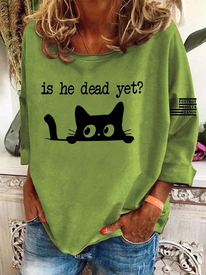 Women's Casual Long-Sleeved Round-Neck Cat Print Loose T-Shirt