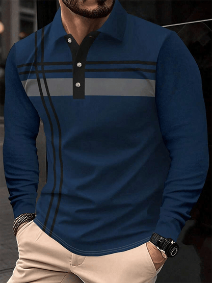 Men's Striped Business Casual Long Sleeve Polo Shirt