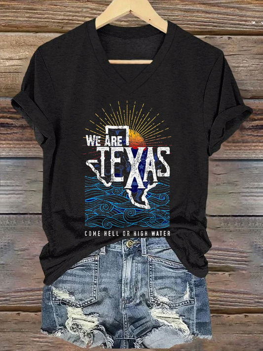 V-Neck Retro Texas Strong We Are Texas Come Hell Or High Water Print T-Shirt