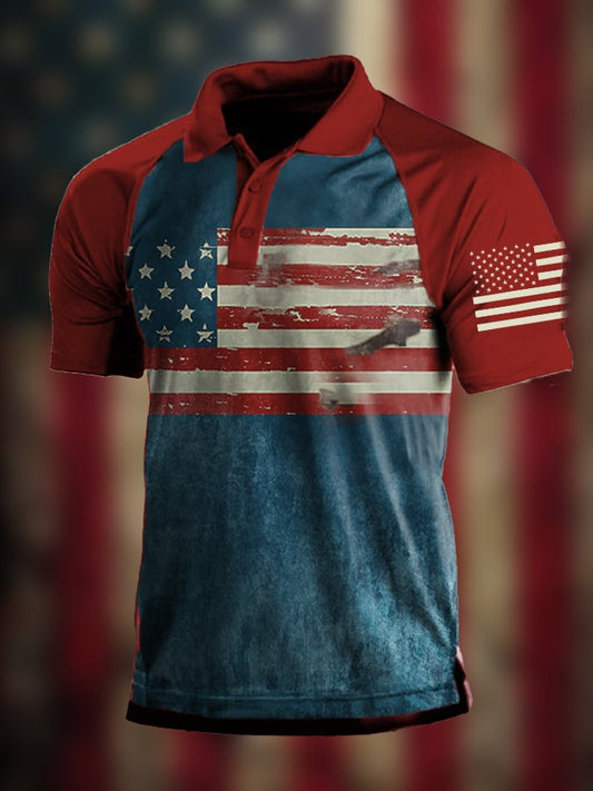 Men's Vintage American Flag Independence Day Color Block Polo Shirt