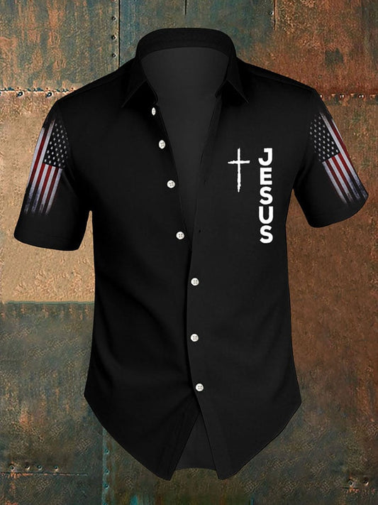 Men's Jesus Cross Faith American Flag Printed Short Sleeve Shirt