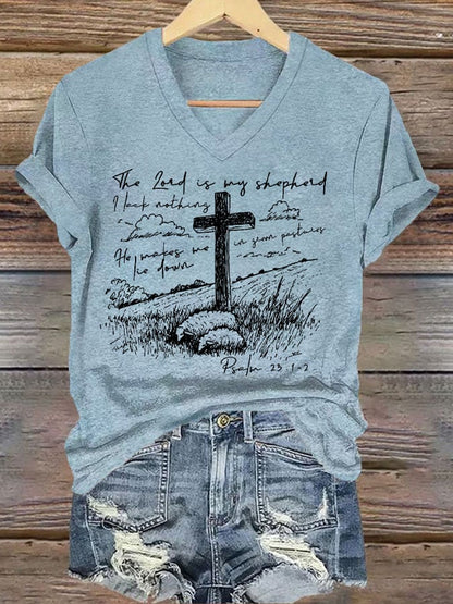 Women'S Casual The Lord Is My Shepherd Christian Print Short Sleeve T-Shirt