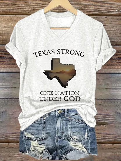 V-Neck Retro Texas Strong One Nation Under God Print T-Shirt