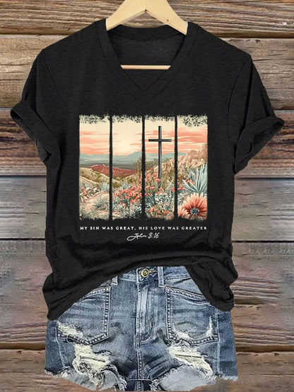 Women'S Casual My Sin Was Great His Love Was Greater Bible Verse Print Short Sleeve T-Shirt