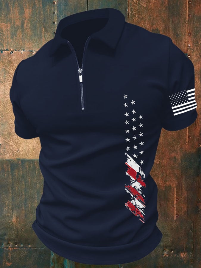 Men'S Independence Day Flag Print Zip-Up Polo Shirt