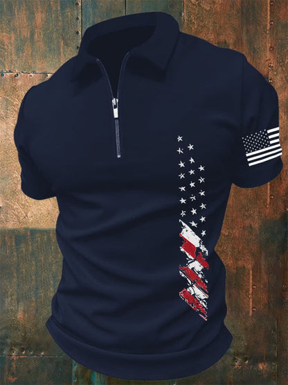 Men'S Independence Day Flag Print Zip-Up Polo Shirt