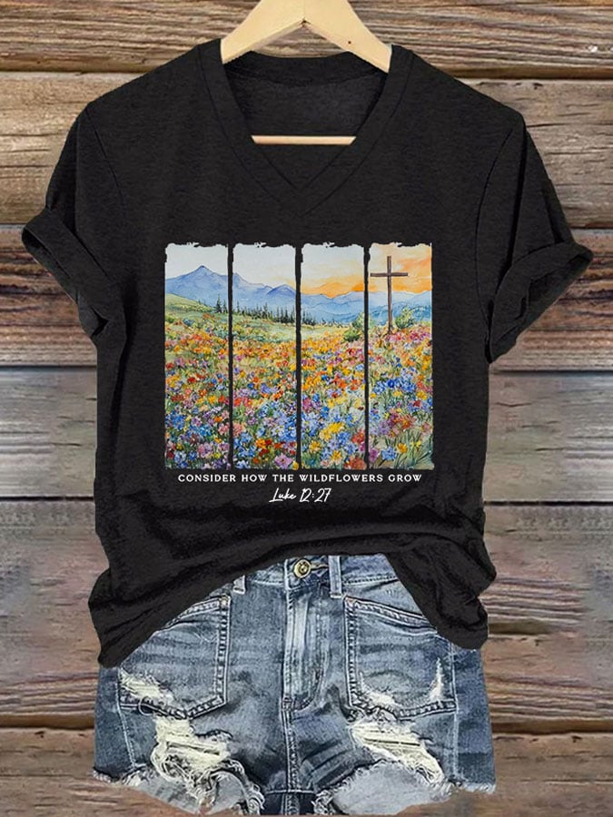 Women'S Casual Consider The Wildflowers Watercolor Aesthetic Christian Print Short Sleeve T-Shirt